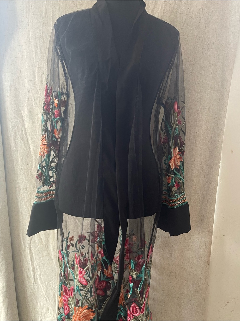 Vintage Sheer Black Embroidered Lingerie Duster with Multicolor Floral Detail